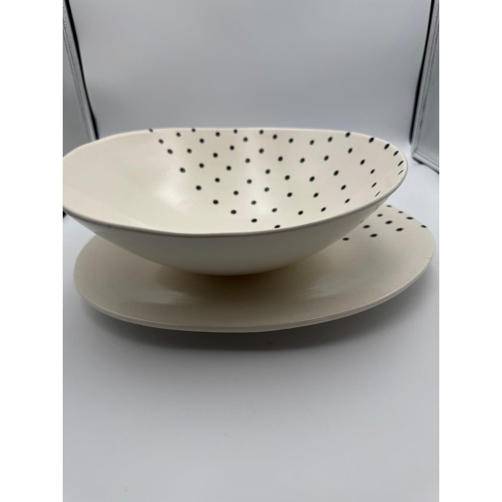 Pier 1 Black Dots Hand Painted Earthenware Bowl and Plate Set Italy Cream Black